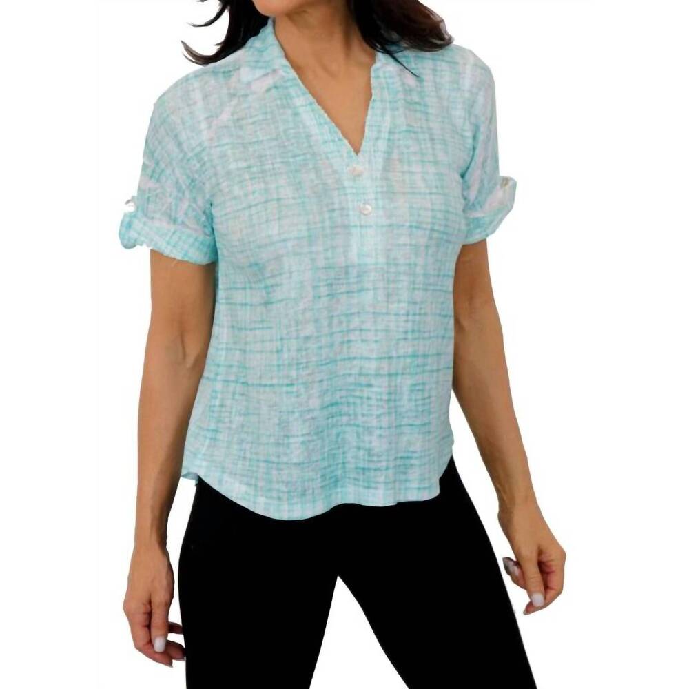 NEW IMPULSE CALIFORNIA weave print cuff sleeve top in aqua